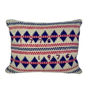 Vintage 70s Hand Crochet Accent Pillow Double Sided Blue 1776-1976 Bicentennial